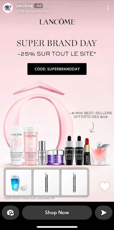 Snapchat Ad showcasing Lancome products.