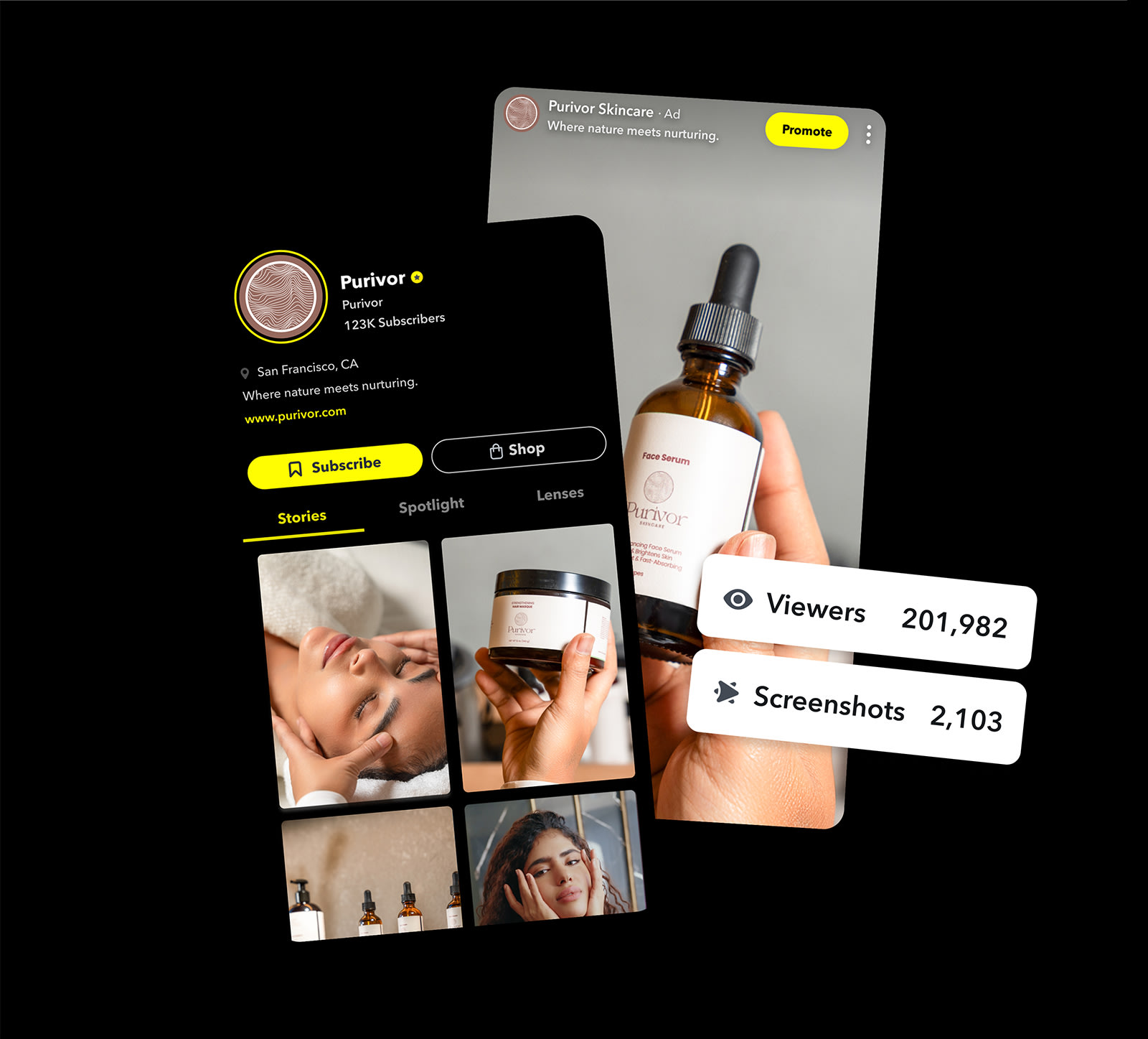 San Francisco skincare brand’s Snapchat Public Profile showcasing ads and engagement stats.