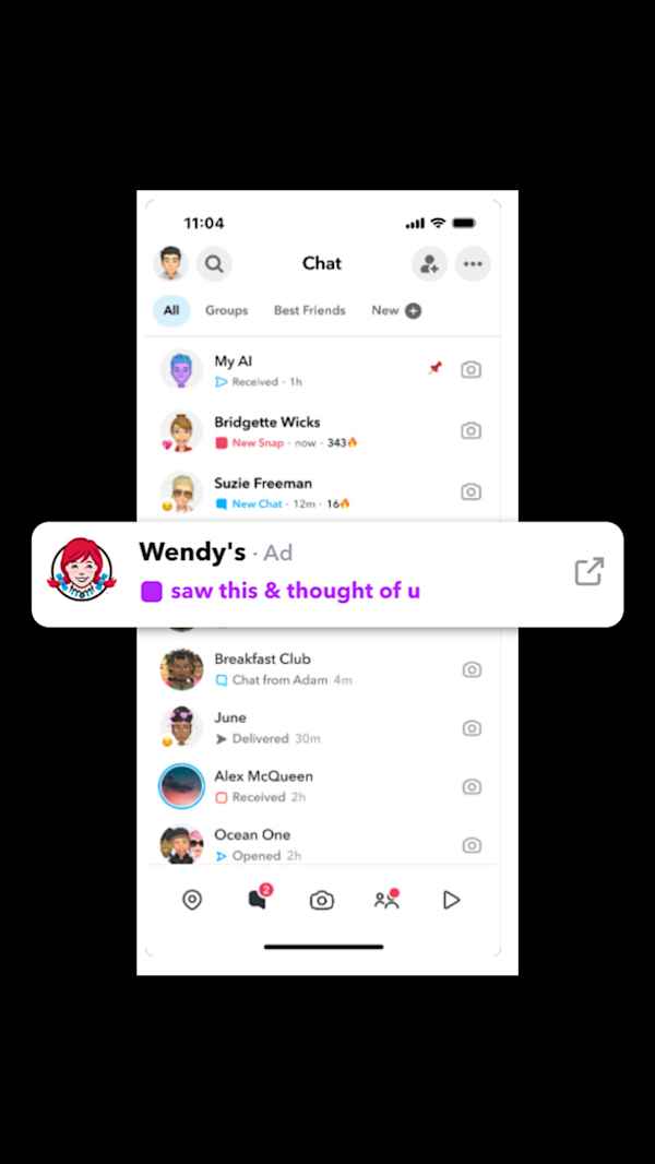 Screenshot of Snap message from Wendys that reads 'saw this and thought of you'