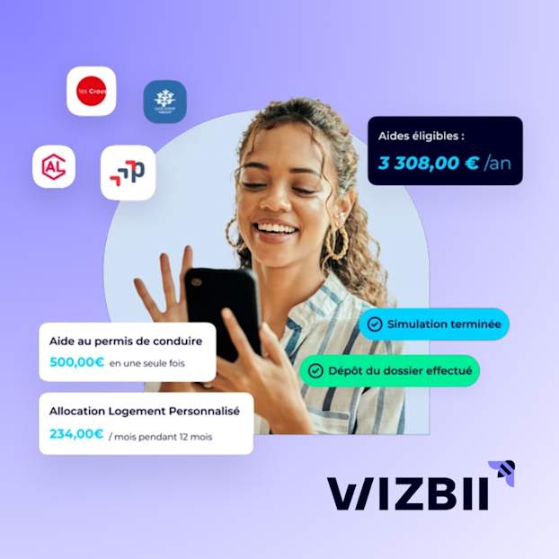 Femme souriante utilisant l’application WIZBII Money affichant les aides financières et la simulation en France.
