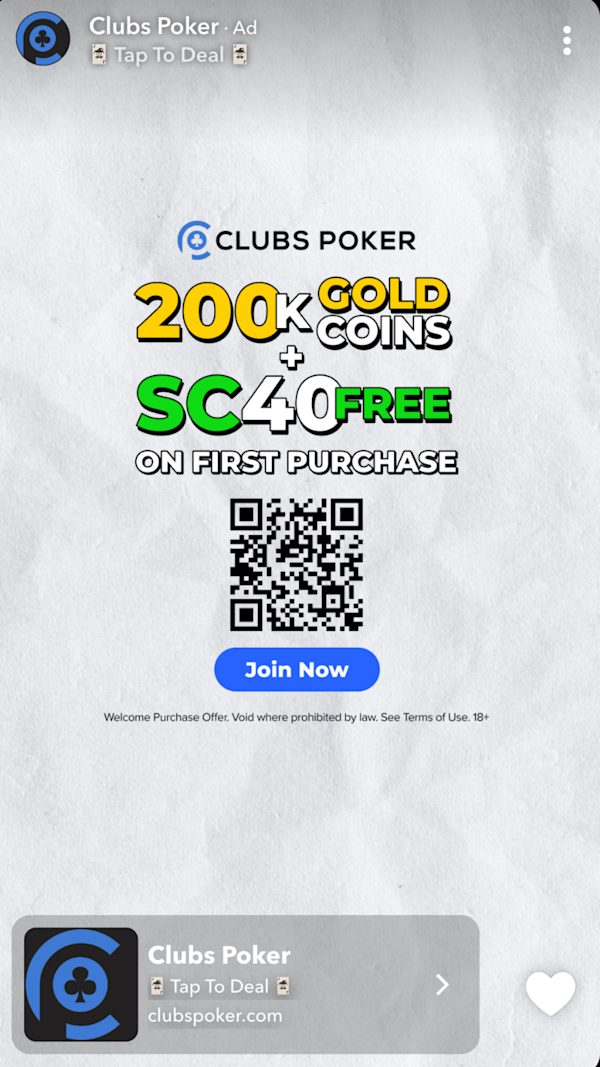 Clubs Poker Snapchat ad highlighting a welcome offer with gold coins free SC and a scannable QR code.