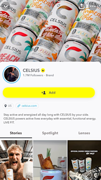 Snapchat brand profile for Celsius showing promoted content designed to gain followers views and engagement.
