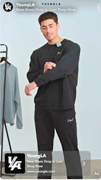 Young adult wearing branded apparel featured in a Snapchat ad, representing how brands connect with everyday audiences.