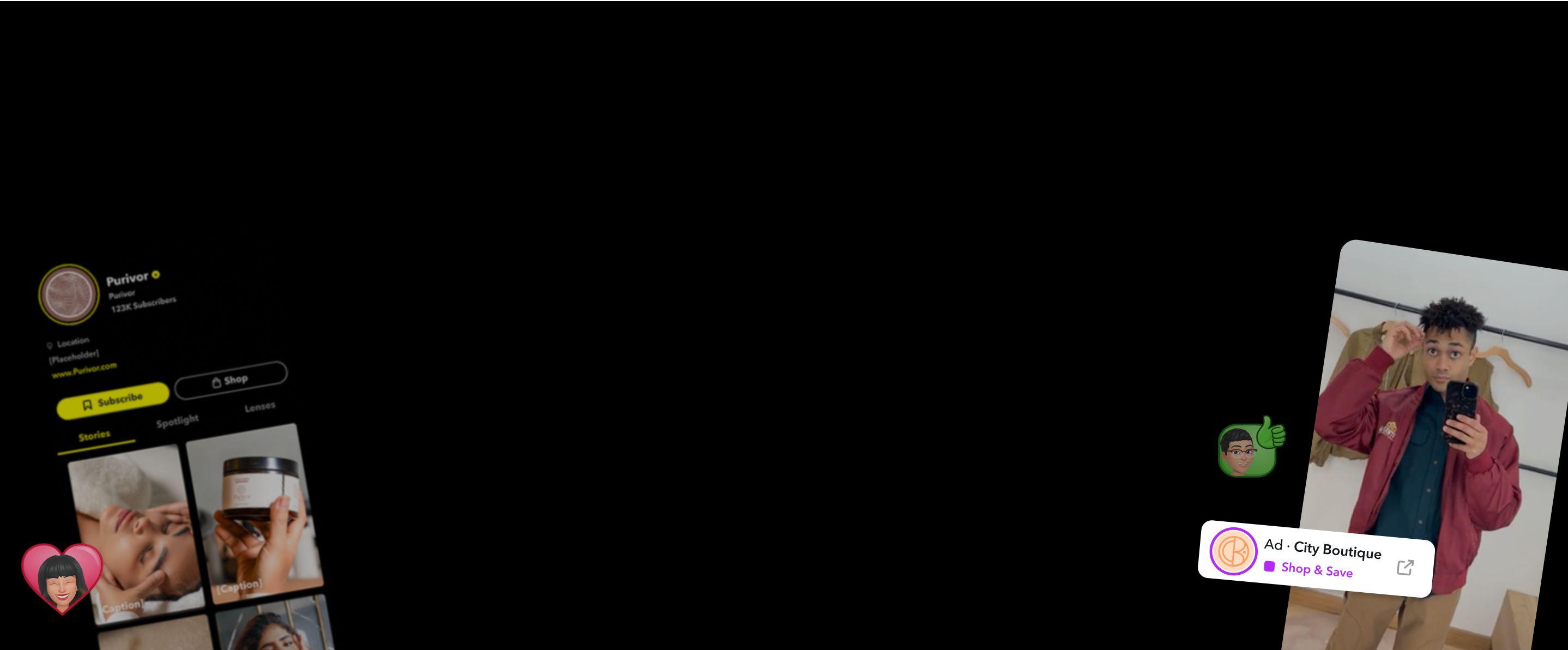 Snapchat ad experiences showcasing creator content and product discovery for business advertising.