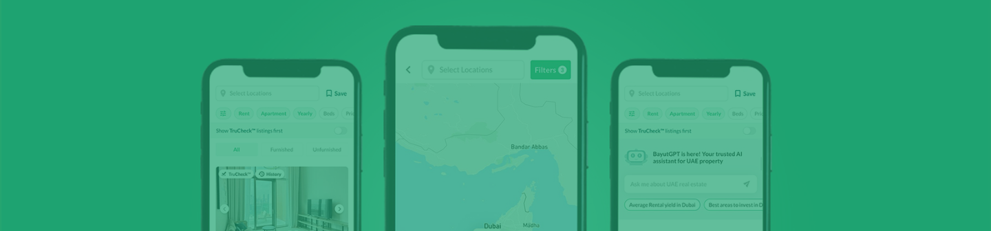 Close up of the Bayut mobile app experience across three different smartphones.