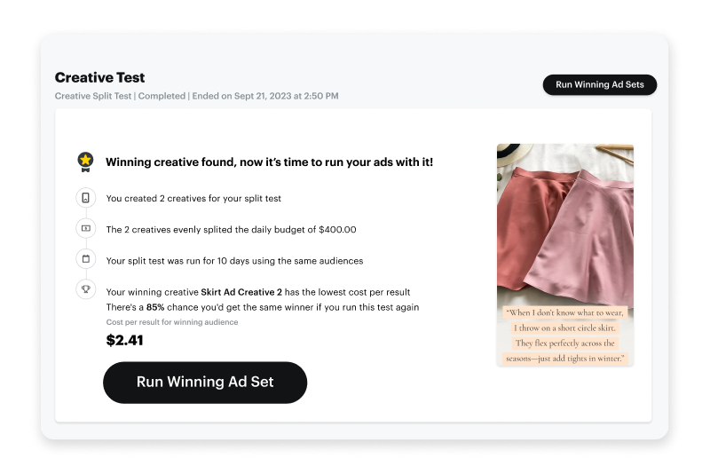 Snapchat Campaign Lab split test dashboard showing winning ad creative and performance results across audiences and placements.