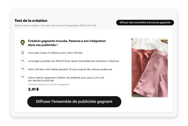 Tableau de tests A B de Campaign Lab Snapchat montrant les creations gagnantes et les performances publicitaires.