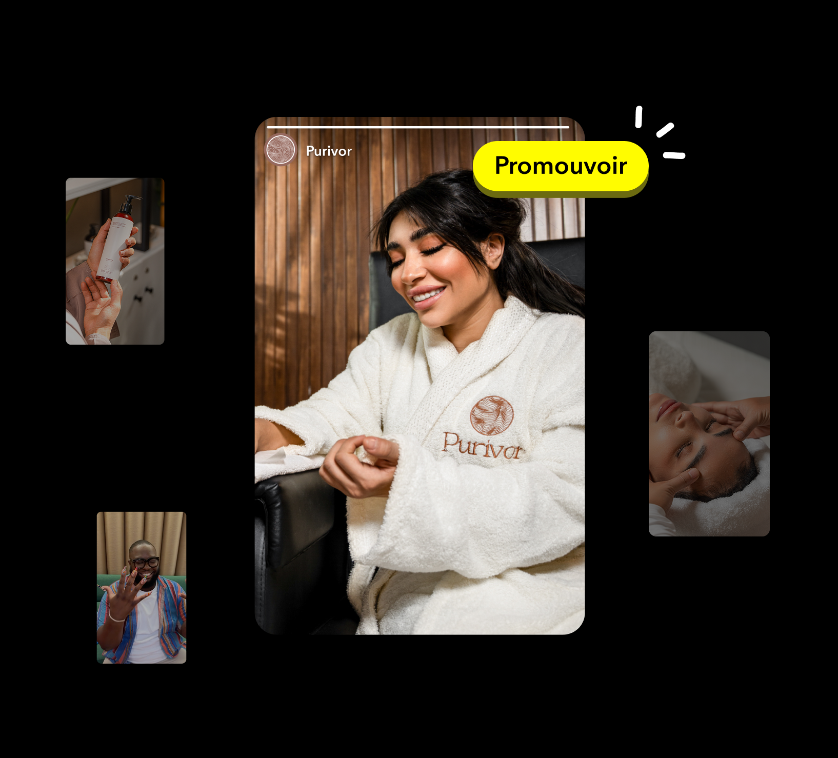 Creatrice en peignoir de marque promouvant du contenu avec Snapchat Promote Feature pour developper audience et notoriete.