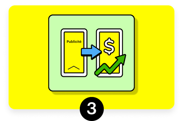 Une publicité avec une flèche pointant vers la droite et un téléphone avec le signe du dollar et une coche.