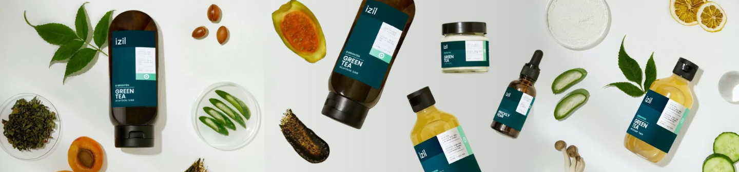 Izil Beauty green tea skincare products with natural ingredients supporting a Snapchat brand awareness campaign rebrand.