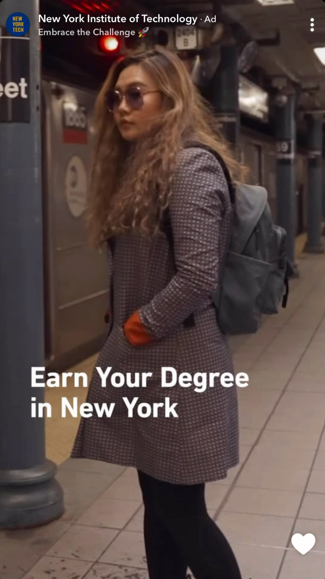Student commuting in New York subway promoting NYIT degree programs in Snapchat For Business brand awareness campaign.