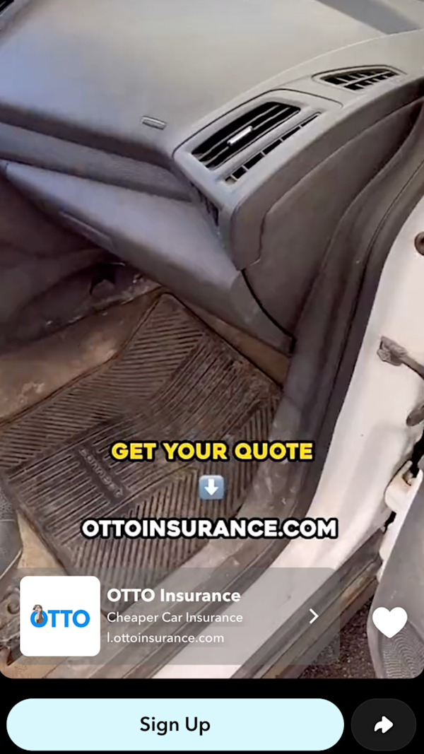 Shot of worn driver-side floor mat and doorframe with 'Get Your Quote' text - blue 'Sign Up' button appears at bottom of Snapchat ad.