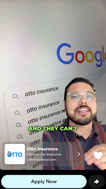 Man with small mic overlaid via green screen sticker over search results for OTTO Insurance - blue 'Apply Now' button appears at bottom of Snapchat ad.