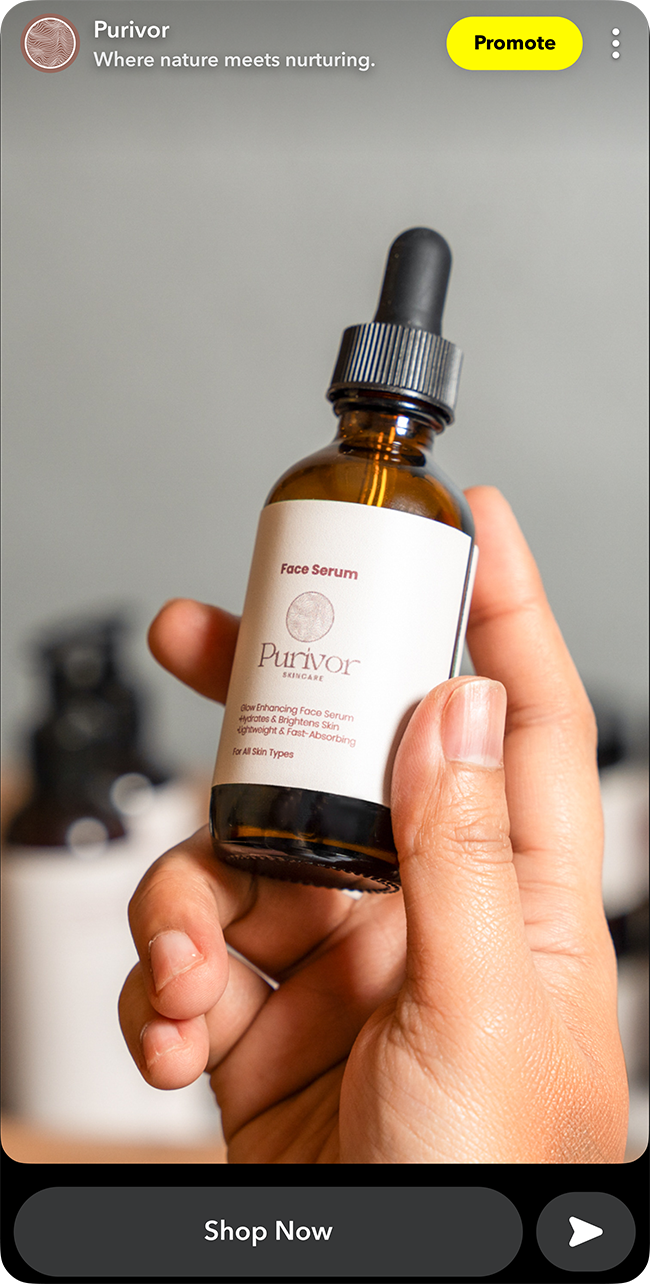 Snapchat Public Profile showcasing a skincare product Story with promote button and shop now call to action.