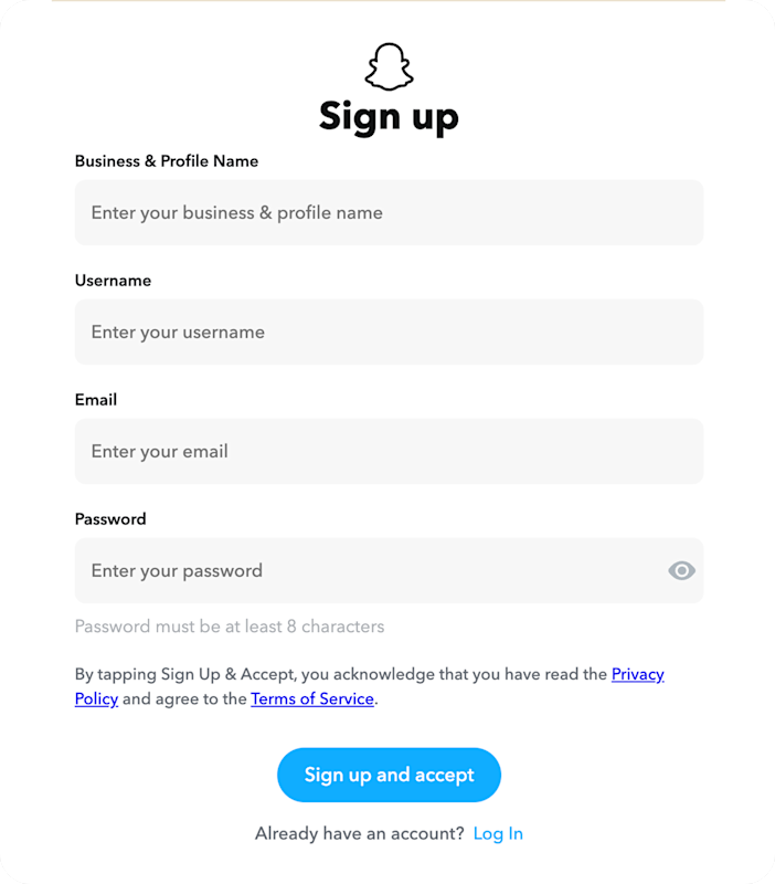Signup screen in Ads Manager where businesses enter details before creating a snapchat public profile.