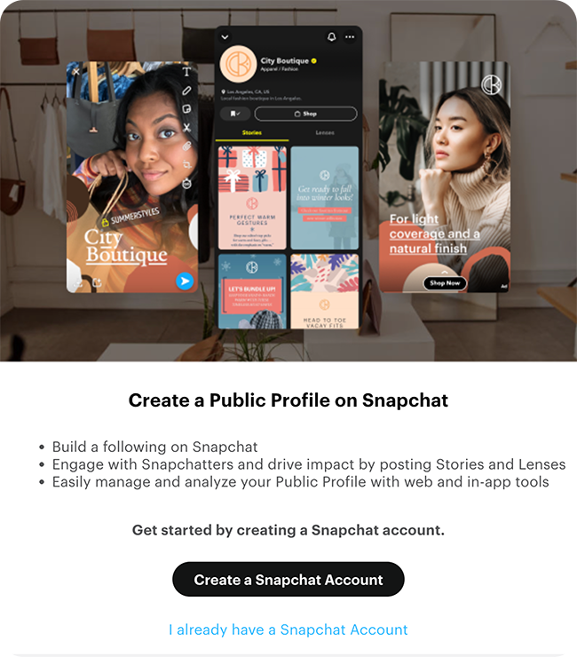 Overview graphic showing a business snapchat public profile with examples and a prompt to create a new account.